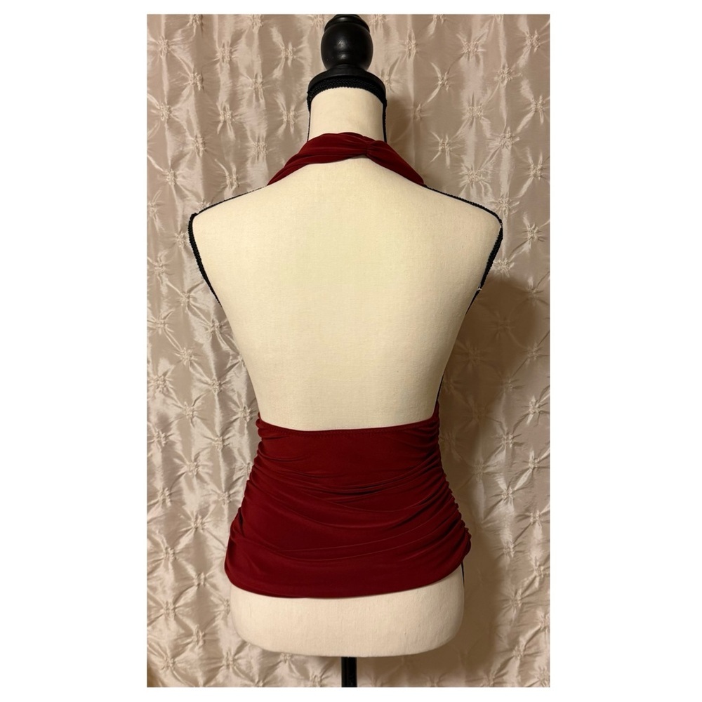 Norma Kamali Ruched Halter Tank Top Burgundy Deep Red V Neck - Picture 3 of 9